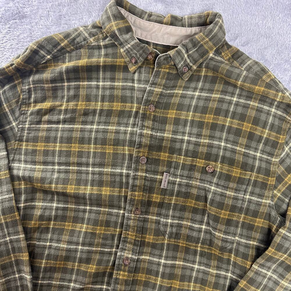 Woolrich Mens Large 100% Cotton Flannel Green Brown Plaid Shirt Cabin Core